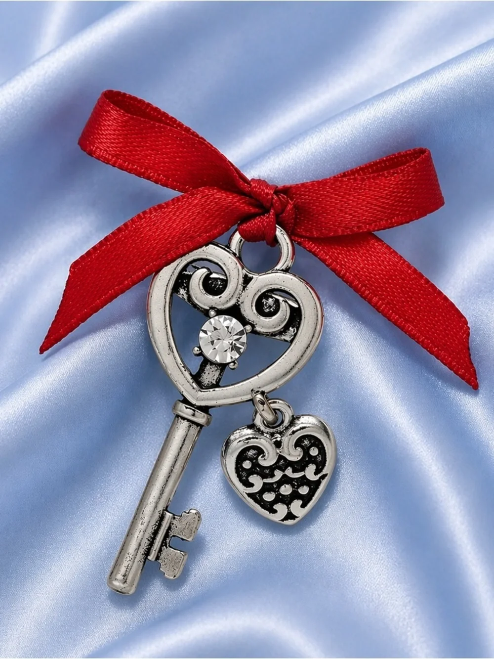Cute Heart Key Silver Red Bow Crystal Brooch
